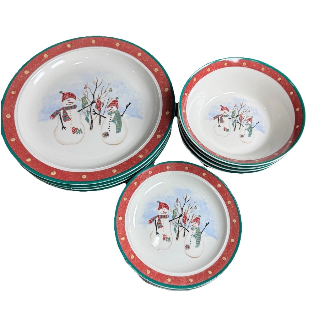 Vtg Royal Seasons Stoneware "Snowman" Service For 4 Dinner & Salad Plates, Bowls